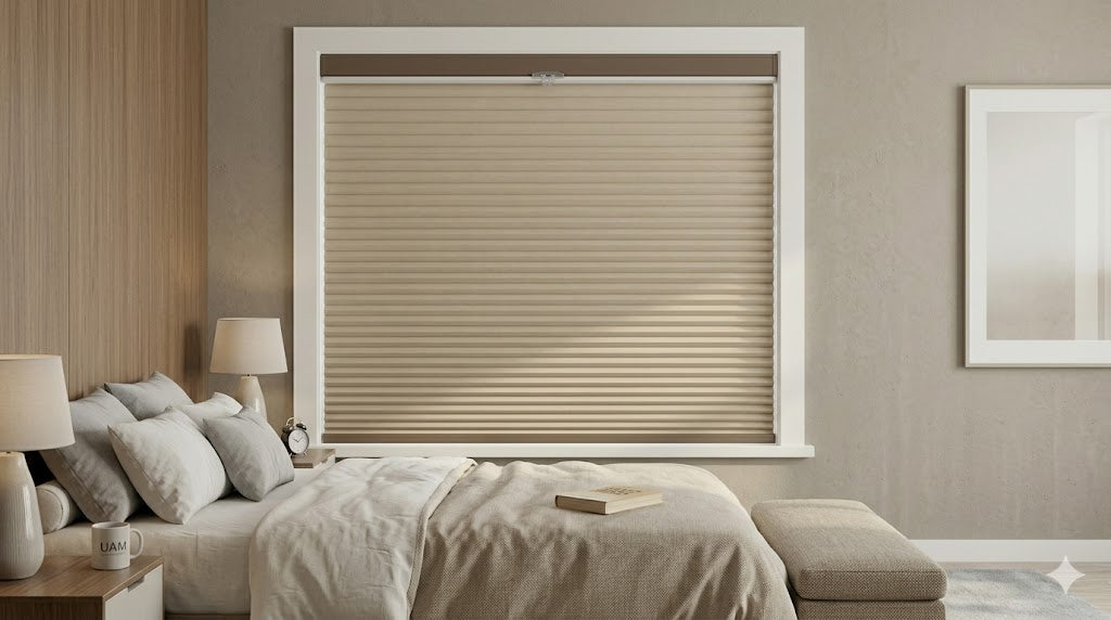 Full blackout honeycomb shade blocking all light, ideal for bedroom and home theater