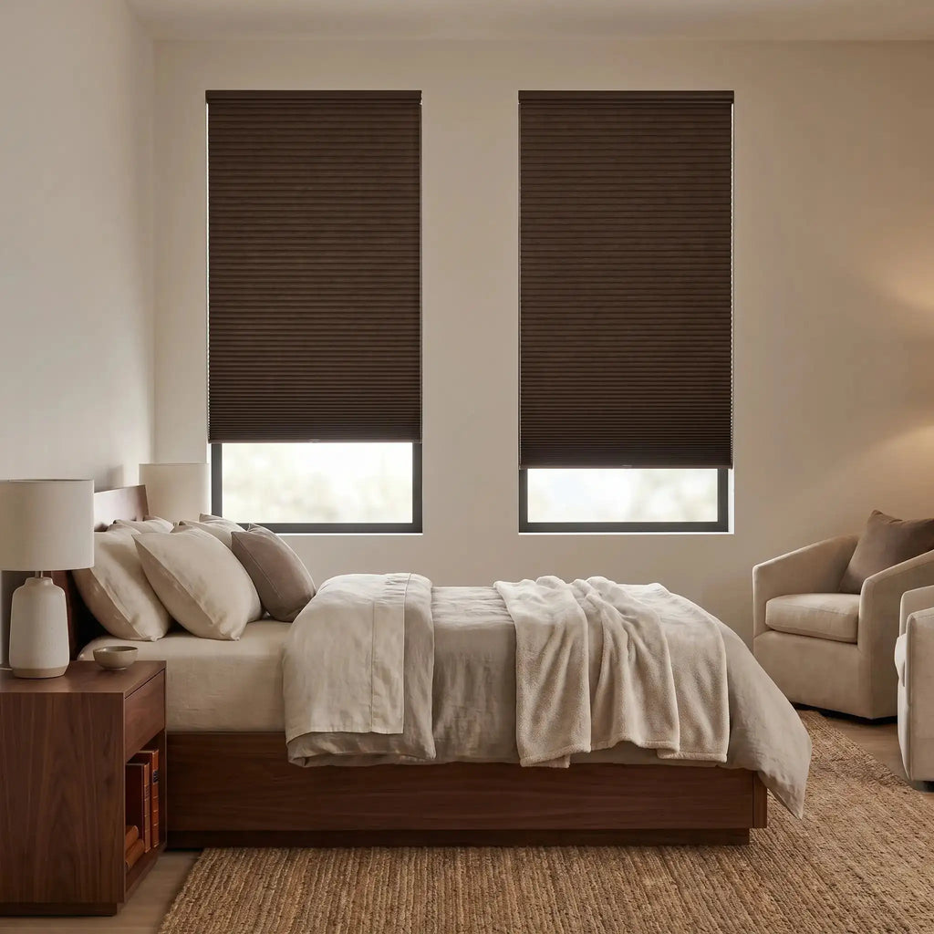 Cordless blackout cellular shades installed on dual bedroom windows blocking direct sunlight for room darkening
