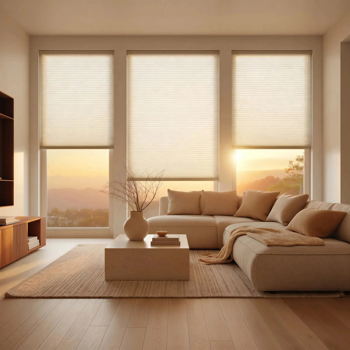 Cordless light filtering cellular shades on triple living room windows with soft diffused natural light
