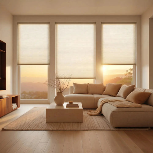 Cordless light filtering cellular shades on triple living room windows with soft diffused natural light
