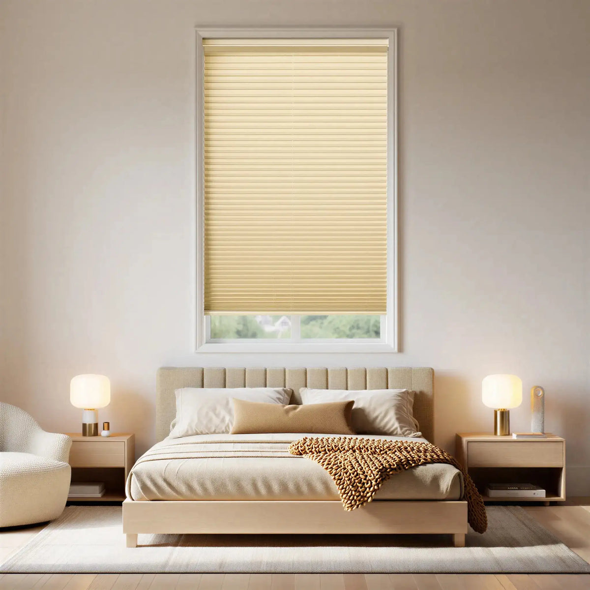 Modern bedroom with cordless top down bottom up cellular window blind complementing minimalist interior decor
