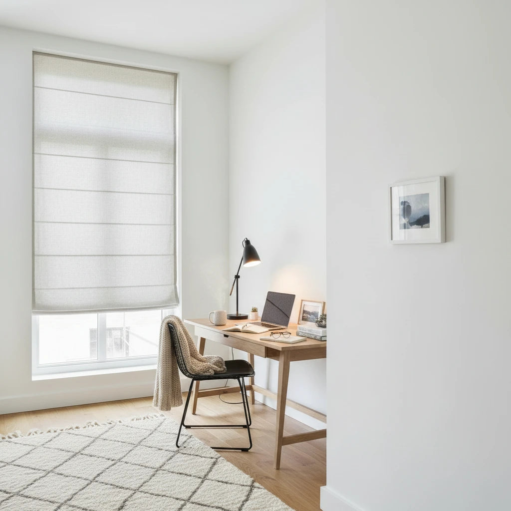 Roman shades raised showing clean fabric folds — custom cordless light filtering window blinds for modern interiors
