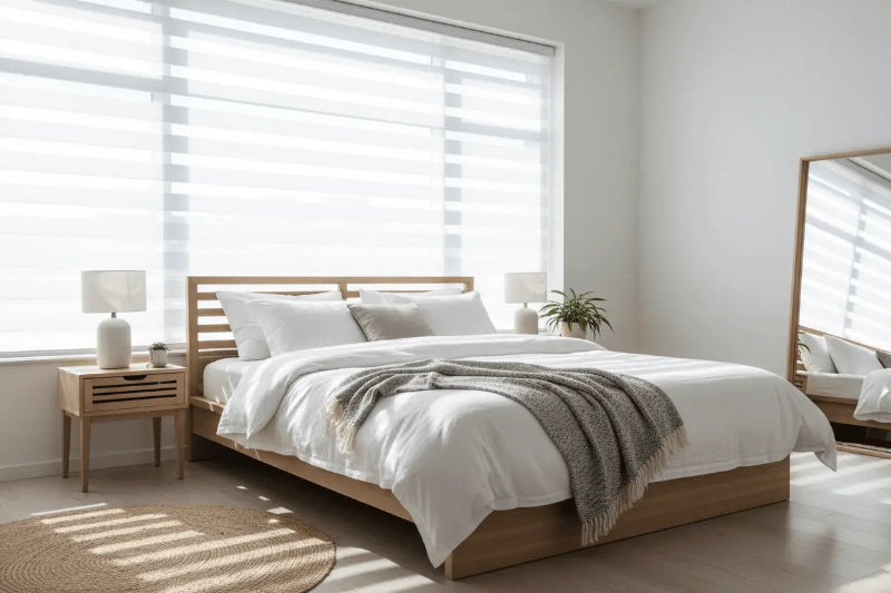 Zebra blinds in a modern living room – light filtering roller shades for privacy and style
