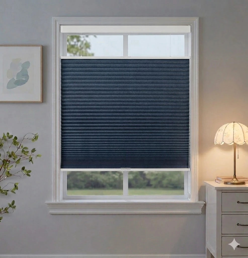 Vertical honeycomb curtain with semi-blackout fabric, filtered light and privacy