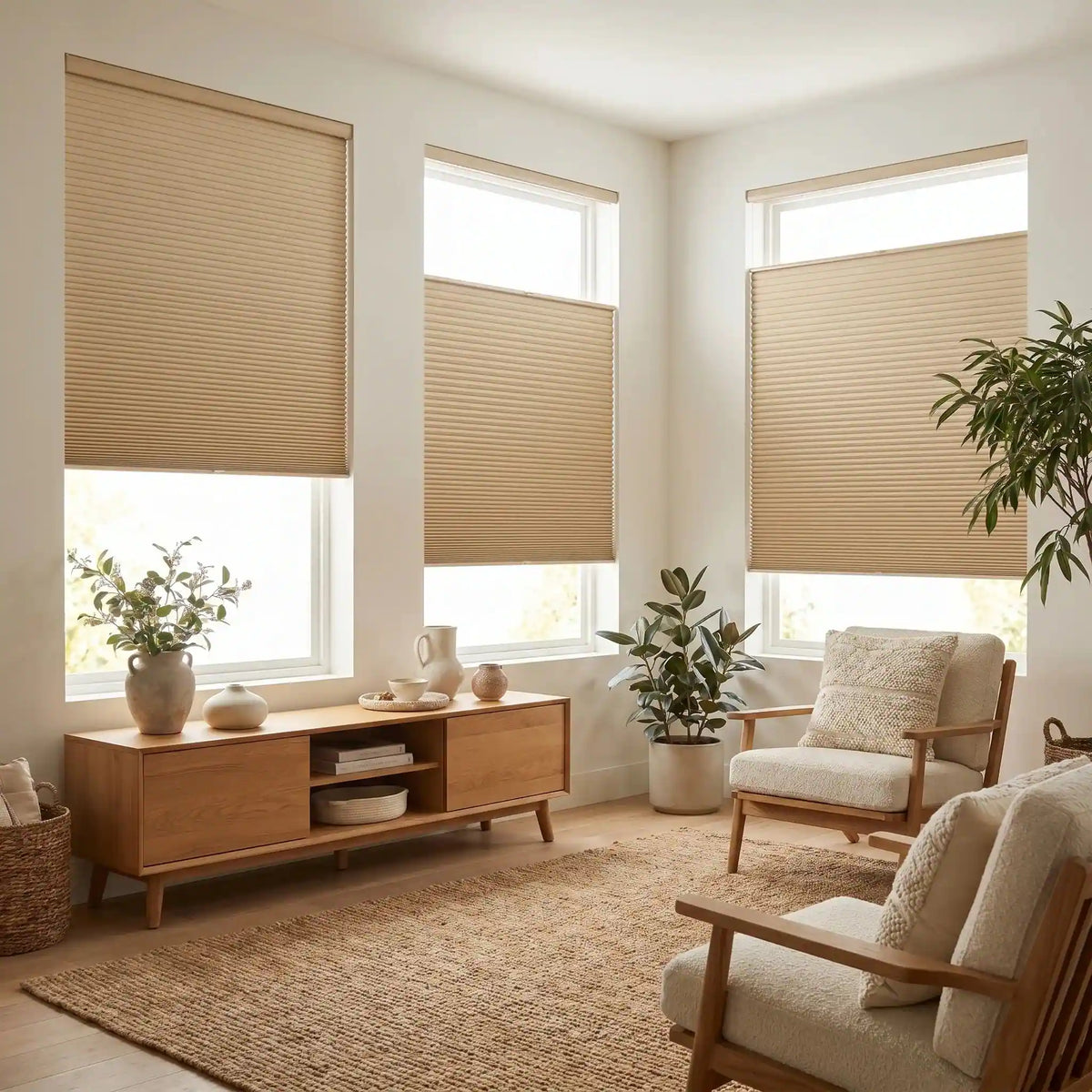 Corner window cordless TDBU honeycomb cellular shades in modern living room offering daylight and neighborhood privacy
