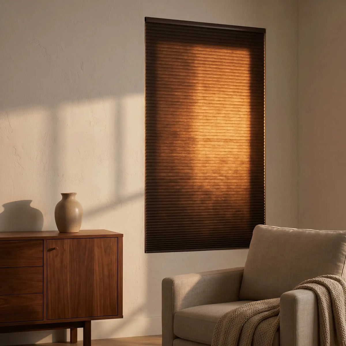 Custom light filtering honeycomb shade beside armchair casting warm gentle sunlight patterns in living room
