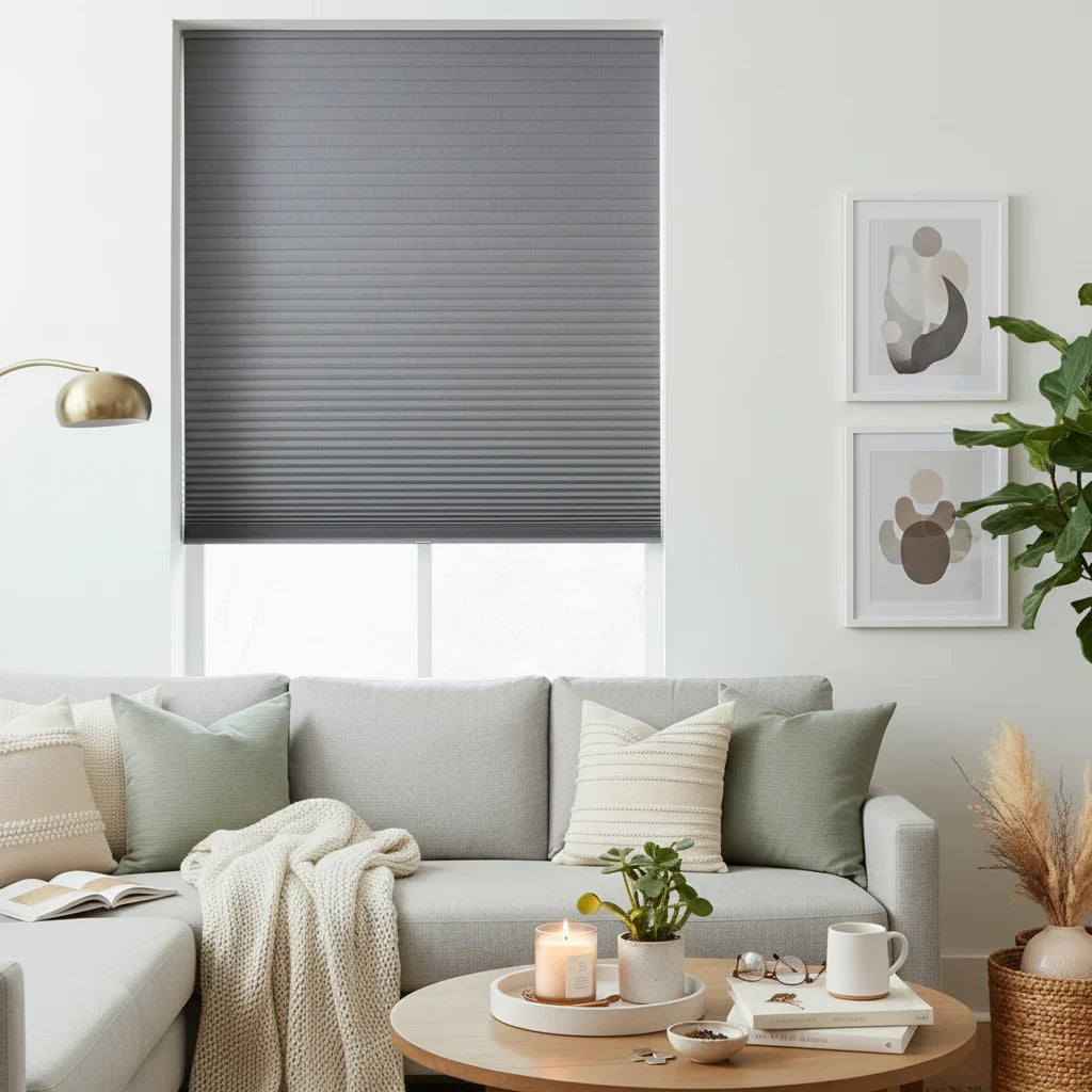Blackout double cell cellular shades in bedroom blocking 100% light — custom cordless honeycomb blinds for US, Canada and Australia
