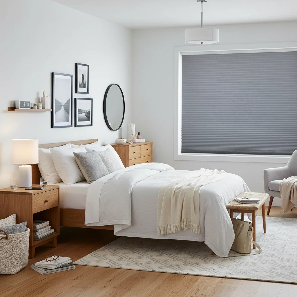 Blackout double cell cellular shades in earth tones for total bedroom privacy — custom cordless honeycomb blinds shipping to US, Canada and Australia
