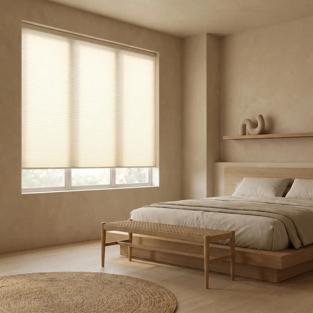 Cordless light filtering cellular blinds beside bedroom nightstand offering soft morning light and privacy
