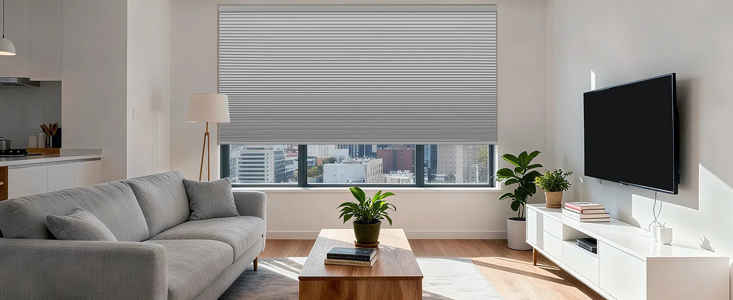 Premium light filtering cellular shades installed in a modern living room, providing privacy while maintaining a view of the city skyline.