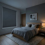Deep sleep bedroom with cordless blackout cellular blinds completely drawn for restful night and shift worker sleep
