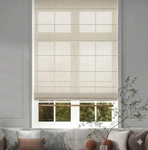 Light filtering Roman shades showing soft diffused natural light — cordless child-safe window treatment for living rooms and bedrooms
