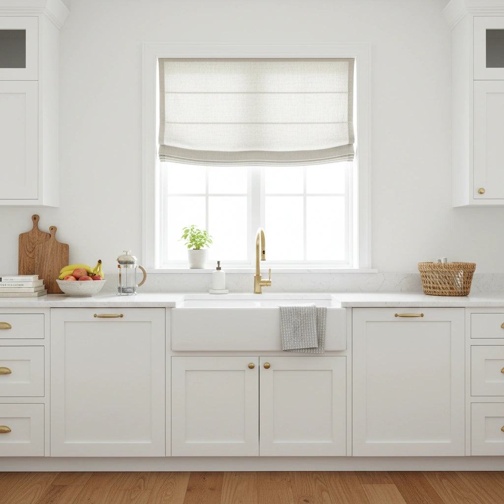 Soft glow light filtering cordless Roman shades in living room — custom made-to-measure window blinds for US, Canada and Australia homes
