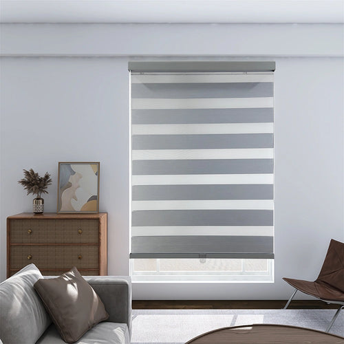 Custom blackout zebra blinds blocking 100% light in bedroom — made to measure cordless dual-layer shades for US, Canada and Australia
