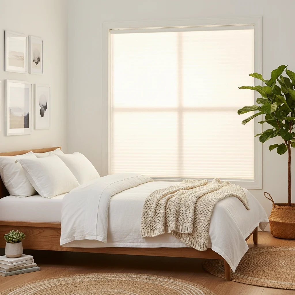 Cordless double cell cellular shades in earth tones for living room privacy — light filtering honeycomb blinds shipping to US, Canada and Australia
