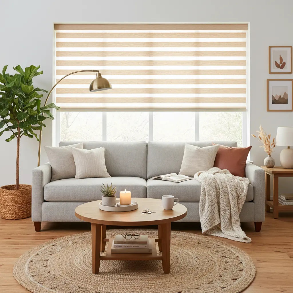 Custom blackout zebra blinds in dark bedroom for total sleep privacy — cordless dual-layer window shades made to measure
