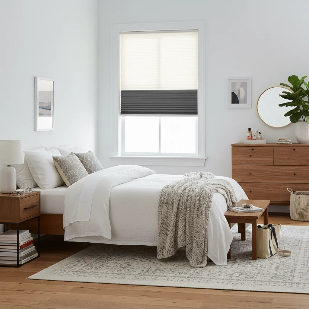 Day & night cellular shades in light filtering mode with soft diffused natural light — custom cordless honeycomb blinds for US, Canada and Australia
