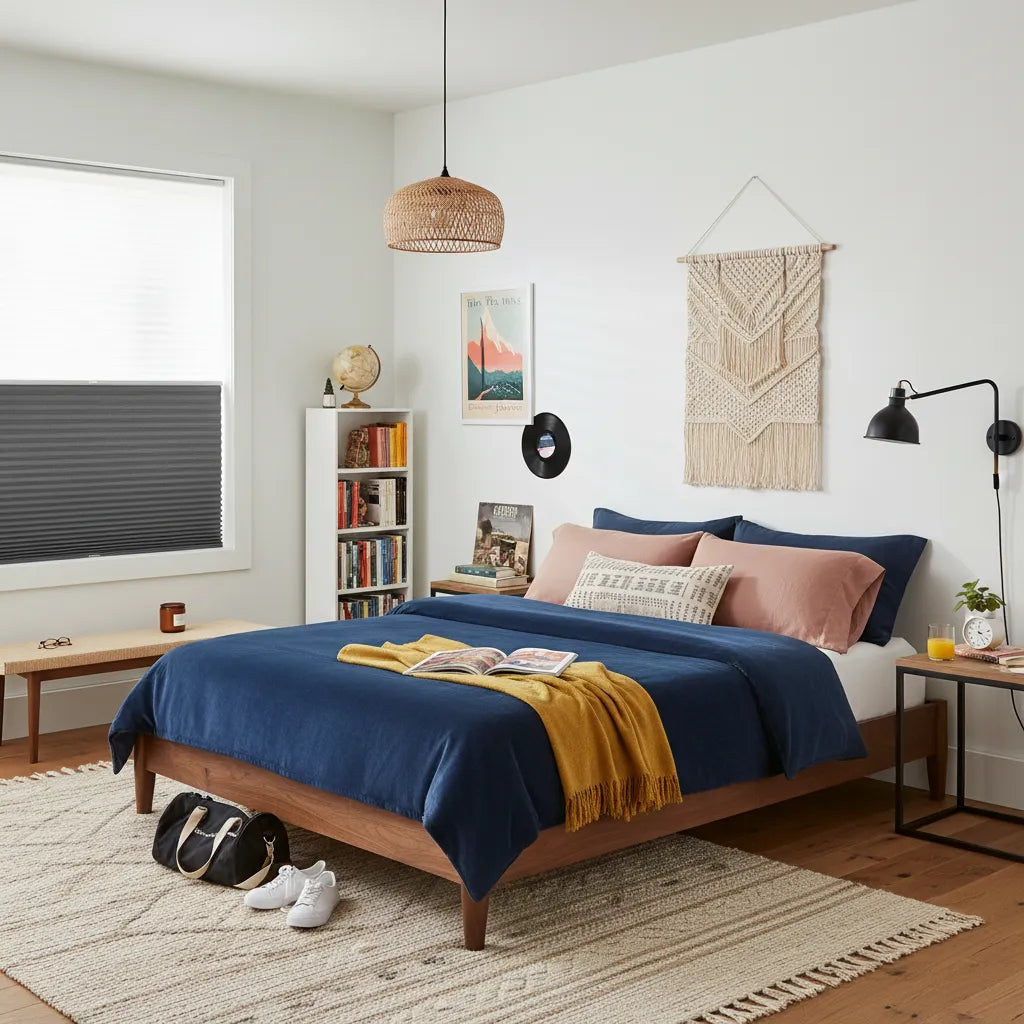 Day & night cellular shades fabric close-up showing dual-function double cell structure — energy-efficient custom honeycomb window blinds
