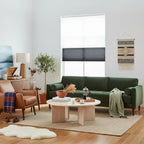 Day & night cellular shades showing room darkening position for full privacy — custom cordless double cell honeycomb blinds
