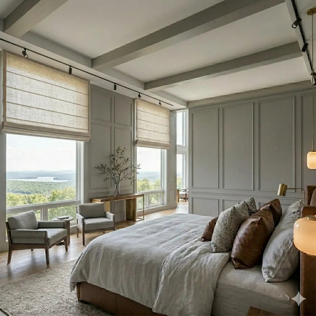 Custom Roman shades fabric close-up with soft linen texture — light filtering cordless window blinds made to measure
