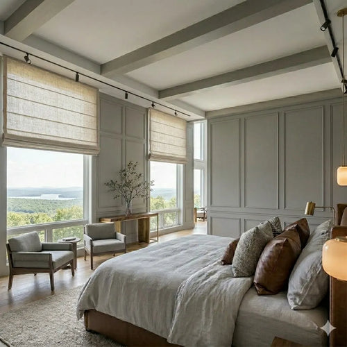 Custom Roman shades fabric close-up with soft linen texture — light filtering cordless window blinds made to measure
