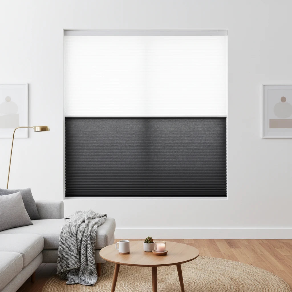Cordless day and night double cell cellular shades in living room — room darkening and light filtering honeycomb blinds for US, Canada and Australia
