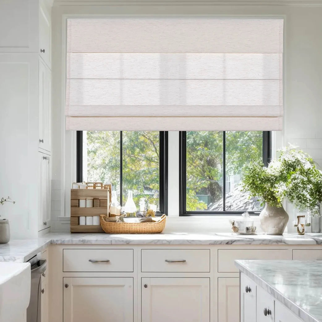 Cordless Roman shades fully lowered for daytime privacy — light filtering custom window treatment shipping to US, Canada and Australia
