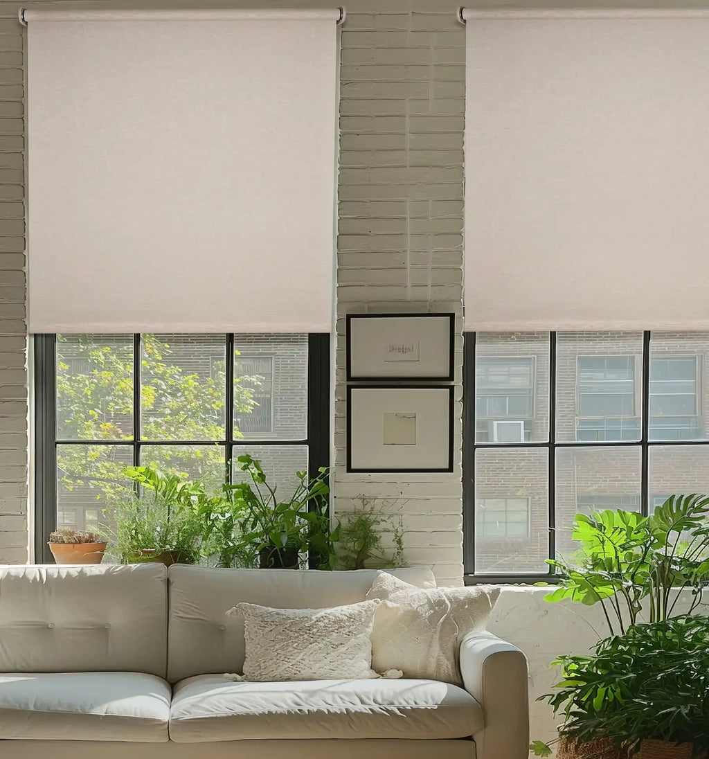 Dual cordless white blackout roller shades on black-framed windows in a modern brick wall living room with plants
