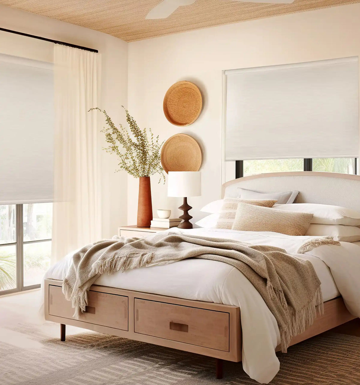 Custom cordless blackout roller shades in a warm modern bedroom with wooden platform bed and neutral decor
