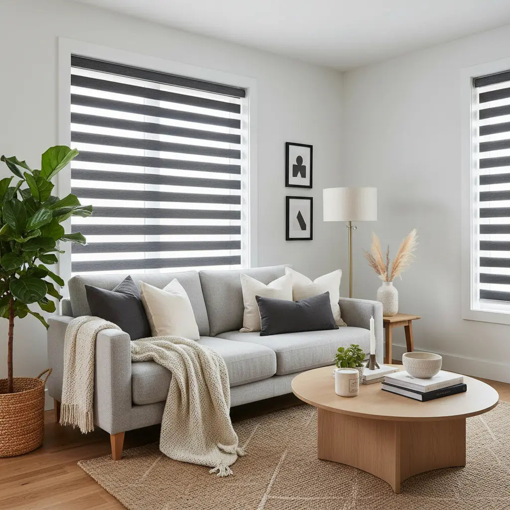 Blackout zebra blinds in living room with sheer bands open for soft light — custom cordless dual-layer window shades for US, Canada and Australia
