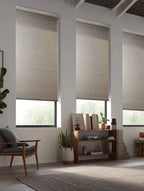 Thermal insulated blackout roller shades close-up showing fabric density — energy-efficient custom window blinds made to measure

