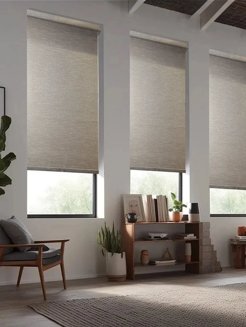 Thermal insulated blackout roller shades close-up showing fabric density — energy-efficient custom window blinds made to measure
