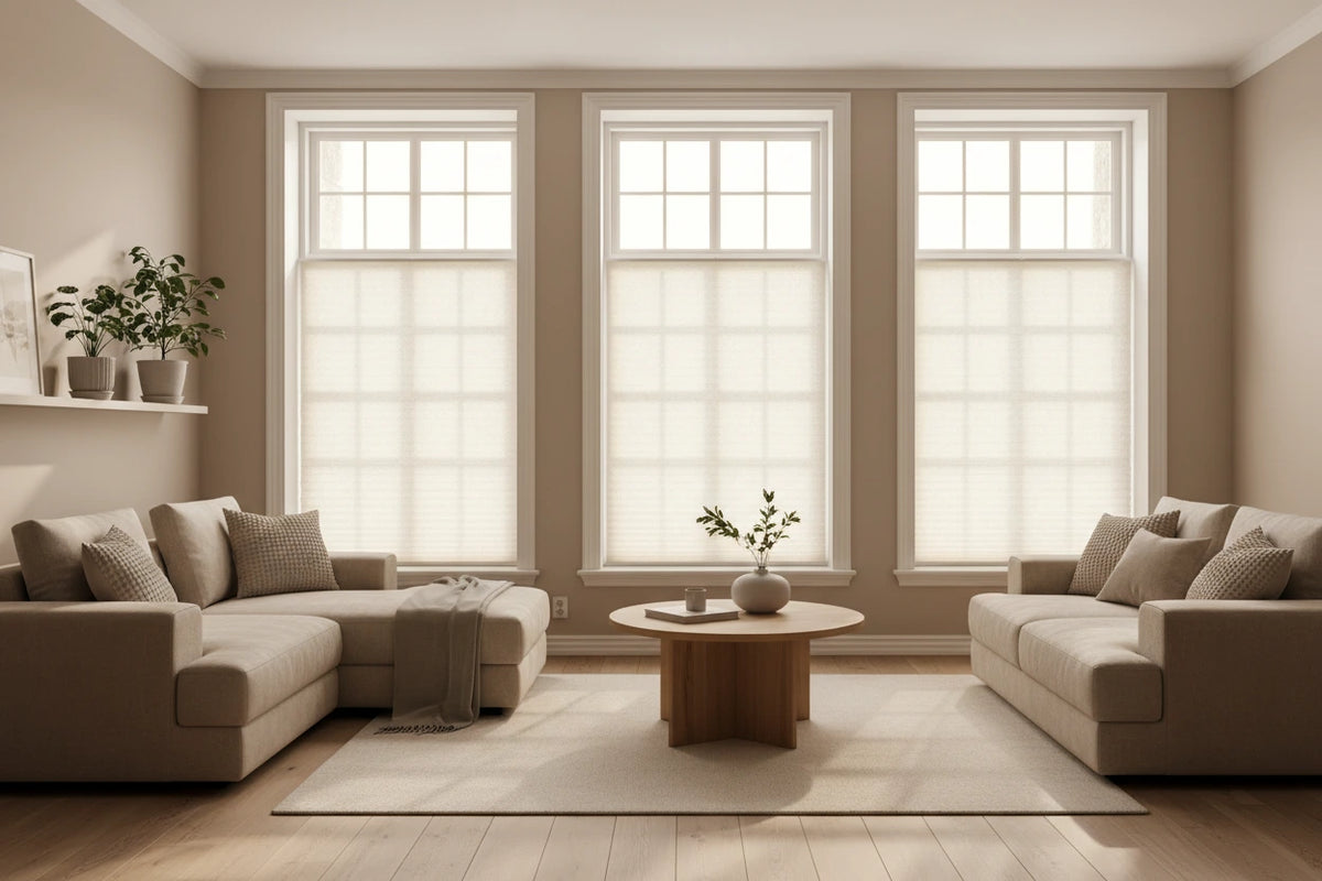 Custom honeycomb cellular shades in a bright modern living room — Limited Time offer on custom window blinds