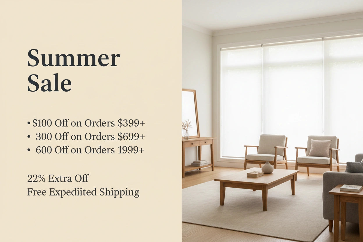 Bright living room with natural light filtering through white roller shades — UAM Blinds Summer Sale